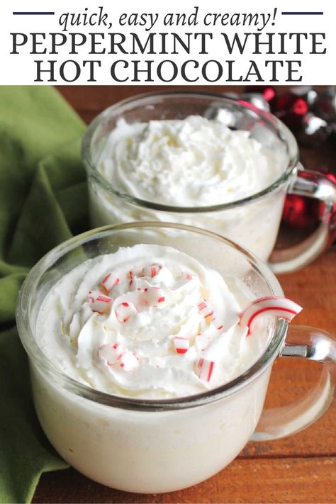 Peppermint White Hot Chocolate, Peppermint Hot Chocolate Recipe, White Hot Chocolate Recipe, Peppermint Coffee, Peppermint Recipes, Hot Drinks Recipes, Hot Cocktails, Peppermint White, Cozy Drinks