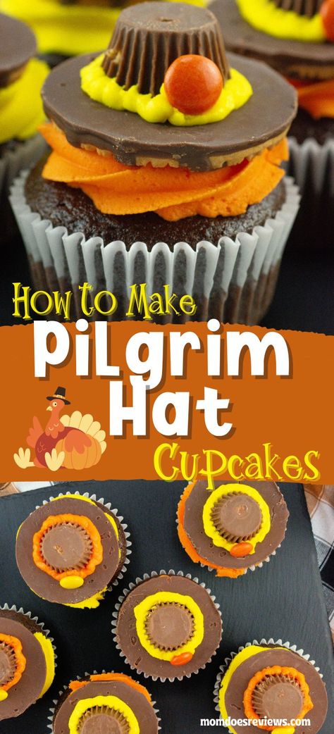 How to Make Pilgrim Hat Cupcakes - Mom Does Reviews Holiday Sweets Recipes, Hat Cupcakes, Turkey Cupcakes, Baked Goods Desserts, Moon Pies, Orange Food Coloring, Pilgrim Hat, Holiday Sweets, Easy Turkey