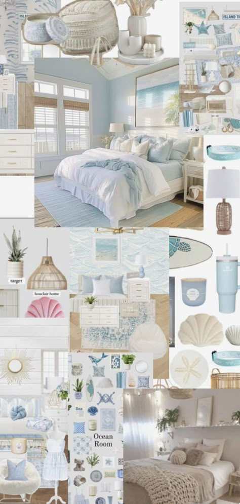 Bedroom Inspo Beach Theme, Costal Room Inspiration Bedroom, Blue And White Beach Bedroom, Cute Room Ideas Blue And White, Ocean Blue Room Ideas, Blue Beach Bedroom Ideas, Italian Summer Bedroom Aesthetic, Mamma Mia Inspired Bedroom, Beachy Room Inspo Summer