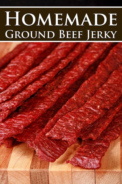 Homemade Ground Beef Jerky is super easy to make, and has a great texture. This recipe is flavourful and makes habit-forming, tender beef jerky! Kippered Beef Jerky Recipe, Ground Meat Jerky Recipes, Homemade Jerky Recipes, Ground Beef Jerky Recipes, Ground Venison Jerky Recipe, Diy Beef Jerky, Jerky Seasoning Recipe, Beef Jerky Seasoning, Ground Beef Jerky