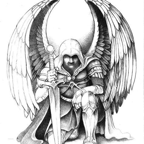 Create a modern take on st. michael the archangel for my tattoo | Tattoo contest | 99designs Kneeling Tattoo, Religous Tattoo, Holy Tattoos, Angel Warrior Tattoo, Tower Tattoo, Archangel Michael Tattoo, St Michael Tattoo, Ark Angel, Michael Tattoo