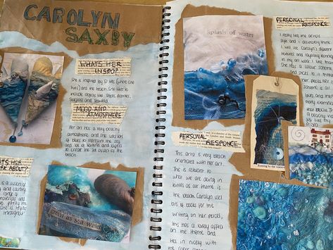 Textile Artists Inspired By Water, Carolyn Saxby Artist Research, Textiles Water Title Page, Gcse Textiles Sketchbook Water, Ocean Gcse Art Page, Shells Gcse Art Sketchbook Pages, Gcse Art Sketchbook Ocean, Textiles Page Layout, Gcse Art Sketchbook Sea Life