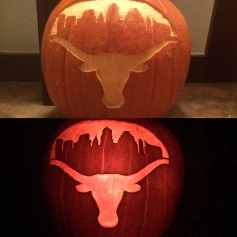 University of Texas pumpkin carving. Binghamton University, Ohio University, Pumpkin Carving Templates, Texas Longhorn, Texas Tech, Halloween Stuff, University Of Texas, Pumpkin Faces, Texas Rangers