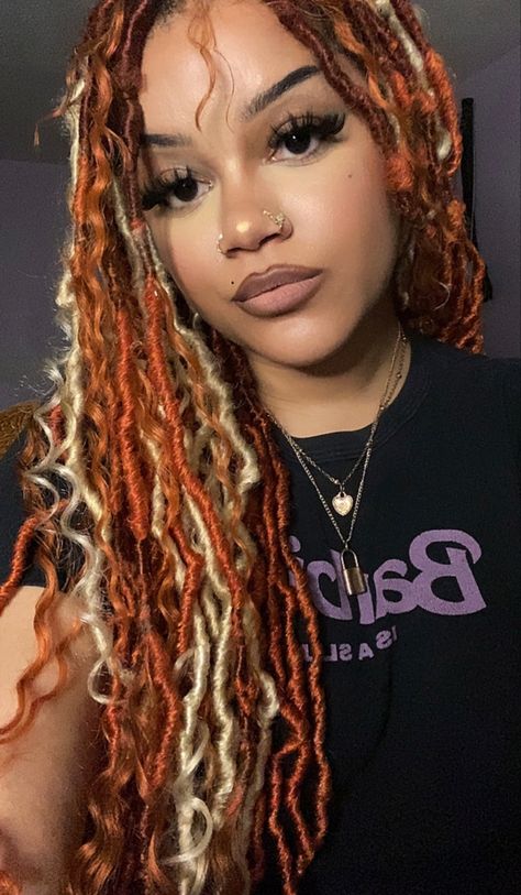 Blonde / Ginger / Orange Boho Goddess Locs Ginger And Blonde Hair Black Women Locs, Faux Locs Mixed Colors, Orange And Blonde Locs, Ginger Locs With Blonde Highlights, Strawberry Blonde Locs, Blonde Crochet Locs, Ginger Blonde Locs, Blonde And Ginger Locs, Goddess Faux Locs With Color