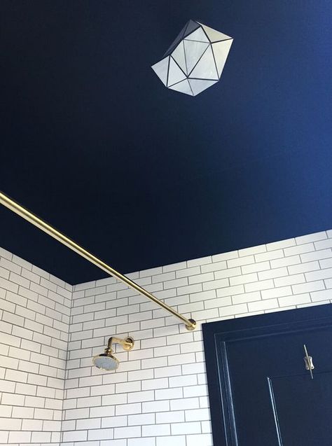 Blue White Bathrooms, Blue Bathroom Walls, Navy Blue Bathrooms, Blue Ceiling, Navy Bathroom, Dark Ceiling, Refinish Bathtub, Blue Ceilings, Modern Bathroom Lighting