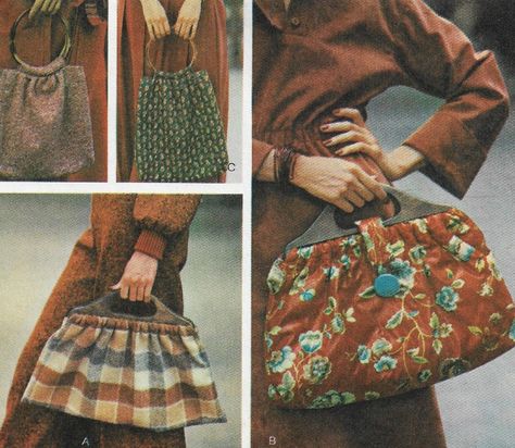 1970s Wood Handle Handbags Lined Knitting Bags Top Handle Purses Vogue Sewing Pattern 8833 FF Vintage Craft Patterns #knitted #crochet #macrame Knitting Bag Pattern, 1970s Sewing Patterns, Vintage Vogue Sewing Patterns, Classic Purse, Knitting Tote Bag, Tote Bags Sewing, Knitting Bag, Vogue Sewing Patterns, Knitting Bags