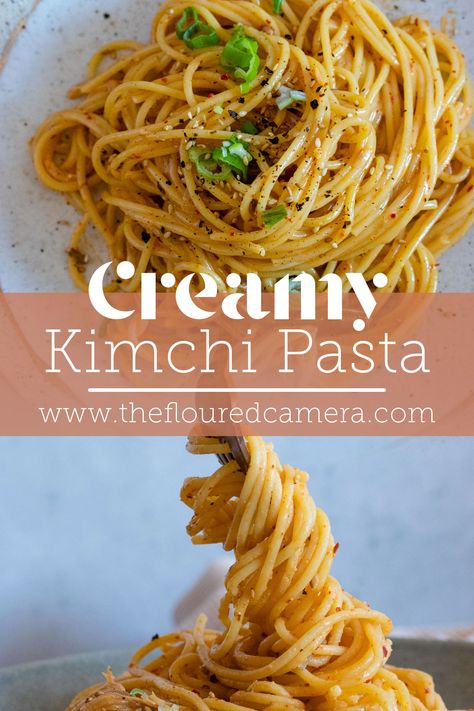 Creamy Kimchi Pasta with Mushrooms - The Floured Camera Kimchi Pasta Recipe, Kimchi Pasta, Chilli Pasta, Kimchi Noodles, Pasta With Mushrooms, Asian Vegetarian Recipes, Vegan Kimchi, Pasta Recipes Alfredo, Fermented Cabbage