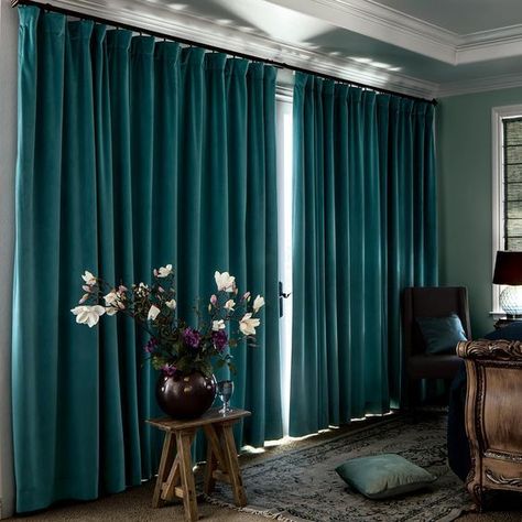 Casual drapery styles have soft, relaxed headers for a variety of modern looks. Turquoise Curtains Living Room, Turquoise Curtains, Partition Designs, Country Cottage Interiors, Pleated Drapes, Cabin Interiors, Green Curtains, Room Partition Designs, Curtains Living