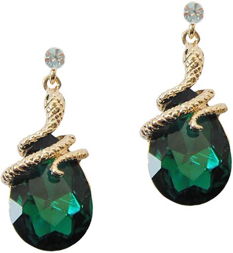 AmazonSmile: Navachi 18k Gold Plated Crystal Green Zircon Snake Drop Dangle Earrings: Clothing Bendable Necklace, Slytherin Jewelry, Slytherin Fashion, Stile Harry Potter, Open Bangle Bracelet, Crystal Green, Chique Outfits, Snake Jewelry, Snake Earrings