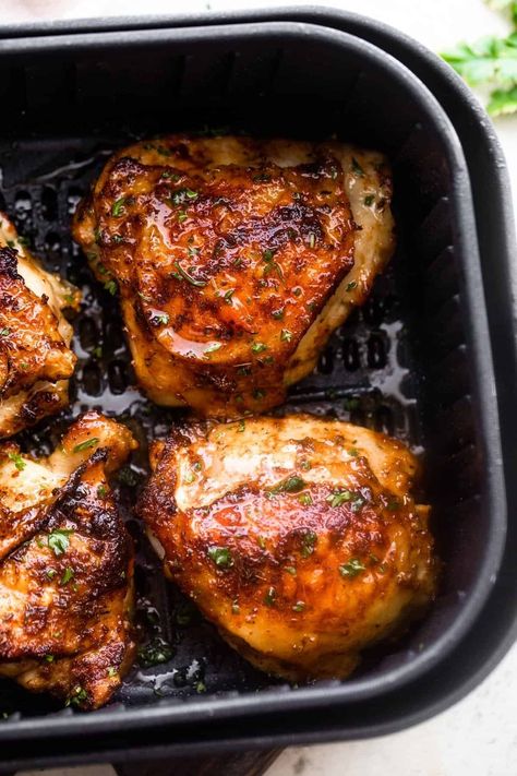 These Air Fryer Chicken Thighs are delicious, quick, and seriously crispy! With plenty of garlic and herbs, air fried chicken thighs make for an amazing meal. Crispy Air Fryer Chicken Thighs, Air Fryer Recipes Chicken Thighs, Crispy Air Fryer Chicken, Maple Chicken, Air Fryer Fried Chicken, Bbq Chicken Thighs, Air Fryer Chicken Thighs, Roasted Chicken Thighs, Air Fried Chicken