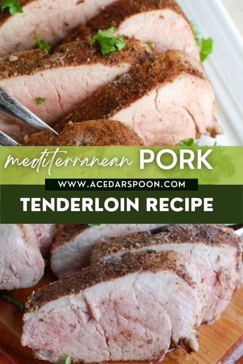 Mediterranean Baked Pork Tenderloin is tender, juicy and full of flavors from the Mediterranean. Pork tenderloin is rubbed with a warm Mediterranean spice mixture and baked to perfection. This is an easy weeknight meal the whole family will love! Mediterranean Pork Loin, Mediterranean Pork Tenderloin Recipes, Mediterranean Pork Loin Recipes, Mediterranean Diet Pork Tenderloin, Mediterranean Diet Pork Recipes, Mediterranean Pork Recipes, Mediterranean Pork Tenderloin, Greek Pork Tenderloin, Mediterranean Crockpot