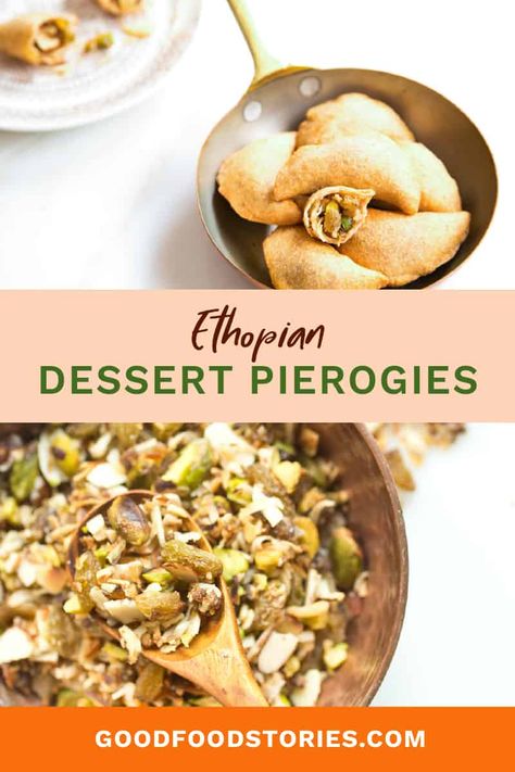 Pierogies filled with a mix of nuts, coconut, and spices are inspired by the Ethiopian dessert pastries known as destaye. #pierogies #pierogi #dessert #destaye #ethiopian Ethiopian Dessert, Gluten Free Ethiopian Food, Ethiopian Bread Injera, Dessert Pastries, Genfo Ethiopian Food, Pierogi Filling, Ethiopian Recipes, Frozen Pierogies, Ethiopian Kitfo