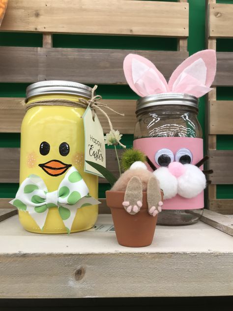 Easter jars #madebypatn Easter Jars Ideas, Easter Bottle Crafts, Mason Jar Easter Ideas, Mason Jar Easter Basket, Tip Jar Ideas, Easter Jars, Easter Vase With Peeps, Easter Mason Jars, Easter Crafts For Adults