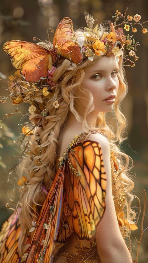 Forest Sprite Costume, Golden Fairy Costume, Autumn Fairy Aesthetic, Nature Fairy Costume, Yellow Fairy Costume, Fall Fairy Costume, Butterfly Fairy Costume, Long Wavy Blonde Hair, Ethereal Being