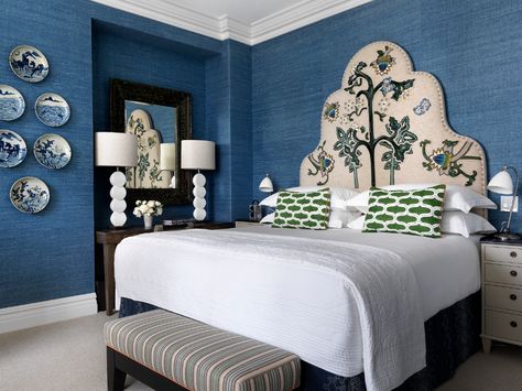 Colored Bedroom, Statement Headboard, Cool Headboards, Midtown New York, Green Headboard, Firmdale Hotels, Soho Hotel, Kit Kemp, Dark Green Walls