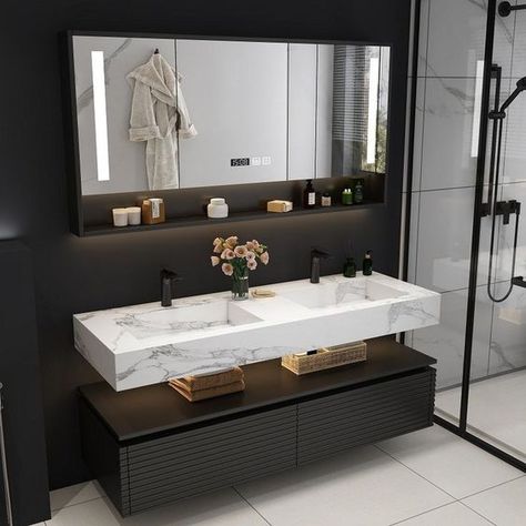 Floating Double Vanity Bathroom, Double Sink Bathroom Vanity Ideas, Bathroom Vanity Cupboards, Double Sink Bathroom Ideas, Floating Vanity Bathroom, Wash Basin Bathroom, Black Cabinets Bathroom, Vanity Modern, Bathroom Sink Design