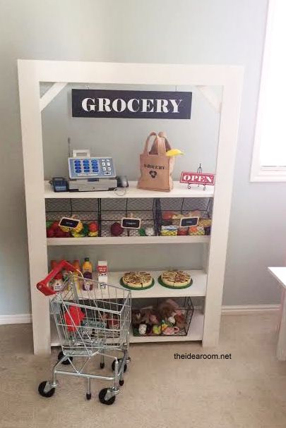 DIY Kids Grocery Store Old Bookshelves, Diy Playroom, Basement Playroom, Play Kitchens, Construction Crafts, Easy Thanksgiving, Crafts Paper, Toy Rooms, Kids Kitchen