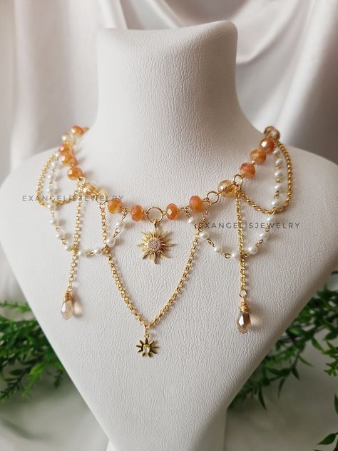 Goldy Beaded Fairycore Necklace With Zircon Sun Pendant, Grunge Fairycore Necklace, Handmade Jewelry, Cottagecore Necklace - Etsy Cottagecore Beaded Jewelry, Faerie Jewelry, Jewelry Cottagecore, Cottagecore Necklace, Fairycore Necklace, Cottagecore Accessories, Gold Beaded Necklace, Fairycore Grunge, Pretty Jewelry Necklaces