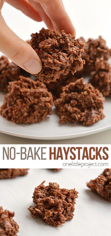 These no-bake chocolate haystacks cookies are SO EASY to make and they taste so good! This is such an awesome kid friendly snack recipe to make with the kids! Loaded with oats and coconut they make an excellent after school snack. They're hearty, reasonably healthy and kids love them! Plus they're super fast to put together! Chocolate Haystacks, Haystacks Recipe, Haystack Cookies, One Little Project, Christmas Baking Recipes, After School Snack, Kid Friendly Snack, School Snack, No Bake Snacks