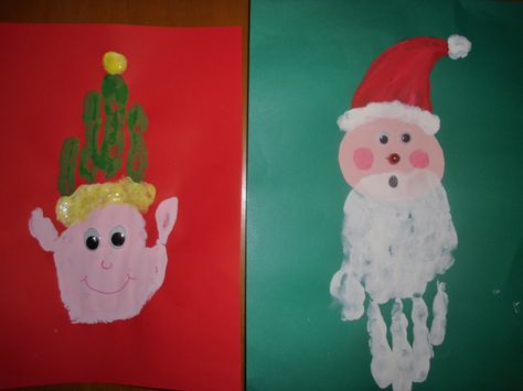 Handprint Santa and Elf Elf Handprint Art, Elf Handprint Craft, Handprint Elf, Handprint Santa, December Projects, Elf Crafts, Abc Crafts, Letter Crafts, Art Activities For Toddlers