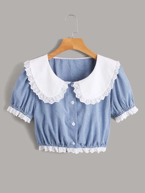 Is That The New Gingham Peter Pan Collar Blouse ??| ROMWE USA Pan Collar Blouse, Frocks And Gowns, Shirred Blouse, Peter Pan Collar Blouse, Gingham Shirt, Free Style, Collar Top, Polo Shirt Women, Collar Blouse