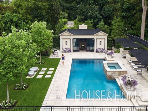 “Given the size of the property, we wanted to strike a good balance between hardscape and softscape,” landscape architect Wendy Berger explains. | Photographer: Donna Griffith Luxury Pools Backyard, Pool House Designs, Pool Cabana, Backyard Pool Landscaping, Casa Exterior, Landscape Designs, Dream Pools, Backyard Pool Designs, Luxury Pool