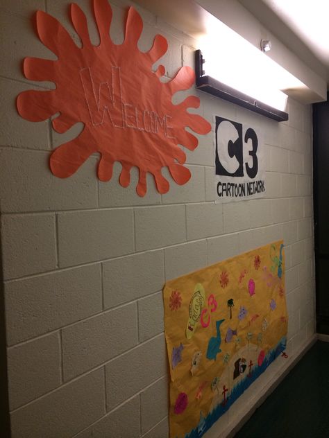 90s kid themed floor welcome sign; nickelodeon; Cartoon Network 90s Cartoon Decorations, 90s Theme School Hallway, 90s Door Decorations, 90s Theme Bulletin Board, Nickelodeon Ra Door Decs, Hall Themes, Character Theme Party, Cartoon Party, 90s Birthday