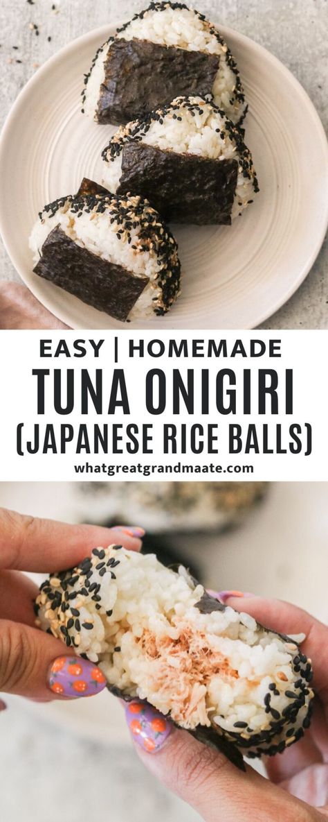 Tuna onigiri are Japanese rice balls stuffed with tuna, mayo, and sriracha, wrapped in nori, and sprinkled with toasted sesame seeds. A delicious, popular snack! Tuna Onigiri Recipe, Tuna Onigiri, Japanese Rice Balls, Paleo Seafood, Yummy Nummies, Onigiri Recipe, Tuna Rice, Tuna Mayo, Vegetable Pancakes