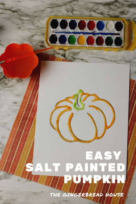 Easy salt painted pumpkin craft to make with kids this Halloween Free Pumpkin Template, Pumpkin Template Printable, Painting Activity For Kids, Watercolor Salt, Thanksgiving Stem Activities, Halloween Stem Activities, Pumpkin Watercolor, Halloween Art Projects, Salt Painting