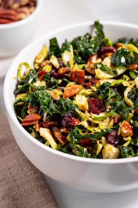 Cracker Barrel Kale and Brussel Sprout Salad Recipe Cracker Barrel Kale Salad Recipe, Leftover Brussel Sprouts, Brussel Sprout Salad Recipes, Copycat Cracker Barrel, Brussels Sprout Salad, Maple Vinaigrette, Brussels Sprouts Salad, Potluck Side Dishes, Feta Cheese Salad