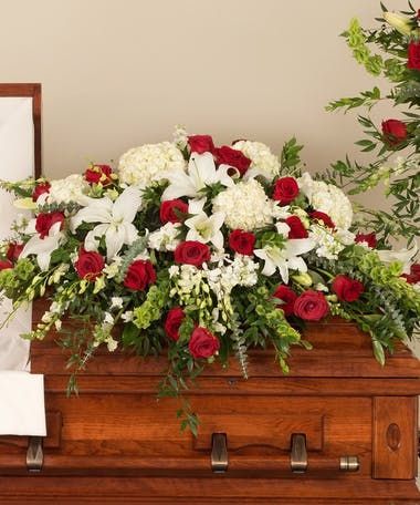 Sympathy Flowes For The Casket - Everett & Lynnwood Flower Delivery White Casket Spray, White Casket, Remembrance Flowers, Casket Spray, Casket Flowers, Casket Sprays, Red And White Flowers, Red Carnation, Memorial Flowers