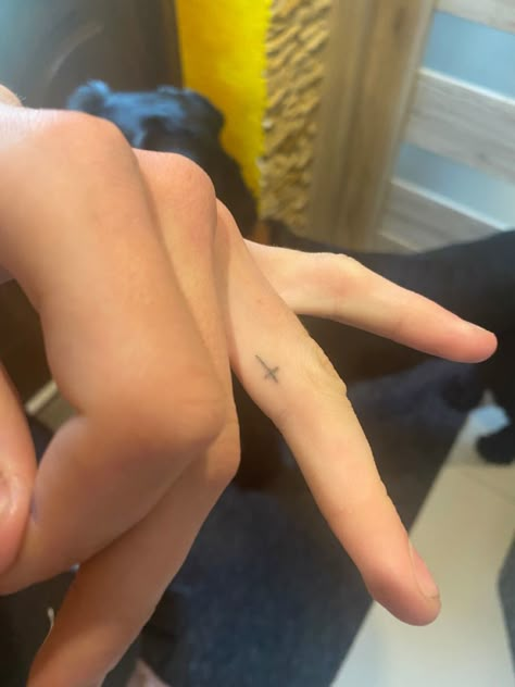 Cross Stick And Poke Tattoo, Mini Stick And Poke Tattoos Finger, Stick And Poke Cross, Small Matching Stick And Poke Tattoos For Best Friends, Cross Stick And Poke, Cross Stick N Poke, Small Cute Stick And Poke Tattoos, Stick And Poke Finger, Stick N Poke Finger