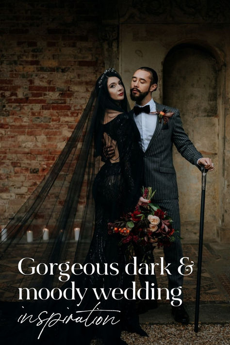 dark and moody wedding inspiration Romantic Goth Wedding, Moody Wedding Flowers, Dark Moody Wedding, Moody Romantic Wedding, Dark And Moody Wedding, Dark Romantic Wedding, Gothic Wedding Theme, Black Gowns, Gothic Garden