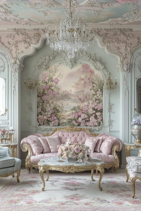 29 Vintage Living Room Ideas for a Retro-Inspired Makeover Room Color Aesthetic Ideas, Marie Antoinette Furniture, Dream Beauty Room, Princess Core Living Room, Floral Design Styles, Pink Victorian Room Aesthetic, Pink Rococo Aesthetic, French Rococo Interior Design, Marie Antoinette Decor