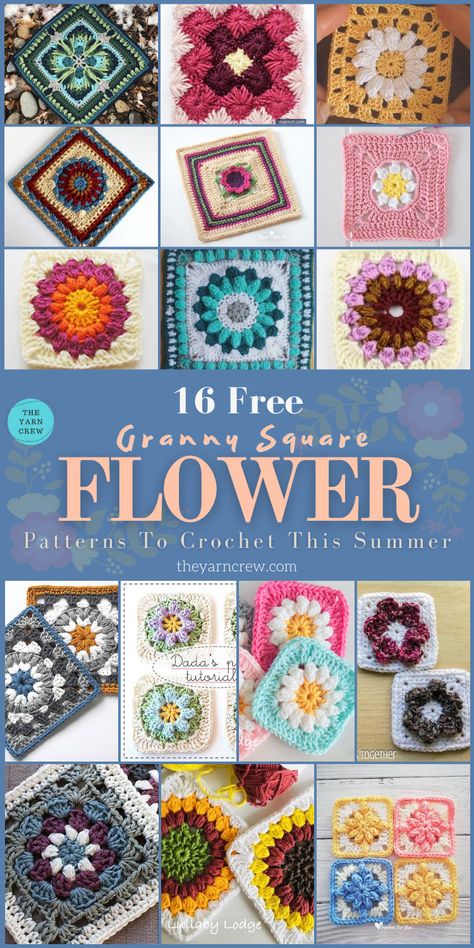 Flower granny squares are perfect for light summer afghans.Find your favorite in this collection of free patterns for flower granny squares by The Yarn Crew #crochet #crochetpatterns #freecrochetpatterns #crochetprojects #crochetflowersquares Flower Granny Squares, Simple Granny Square, Granny Square Patterns, Crochet Flower Squares, Granny Square Projects, Flower Granny Square, Free Yarn, Crochet Motif Patterns, Crochet Blocks