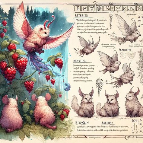 Page 93 - 96: "The Peculiar Variations of the Raspberry" My entry for Lunatopia's Daily AI-art challenge for the 22:nd of May. Follow @lunatopia._ and join the challenge and find a plethora of wondrous creatures 🐉 #aiart #aiartwork #aiartcommunity #aisketch #aiconceptart #fantasy #fantasycreature #fantasyart #raspberry #nature #fieldguide #beastiary #lunatopiadailyai D&d Dungeons And Dragons, Fantasy Creatures Art, Mythical Creatures Art, Fairytale Art, Creature Concept Art, Creature Concept, Field Guide, Magical Creatures, Cute Creatures