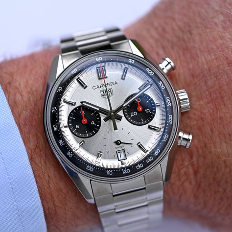 XTAG Heuer carrera Chronograph Glassbox Panda Dial (on bracelet) - 3 Panda Bracelet, 1960s Models, Tag Heuer Carrera Chronograph, Monochrome Watches, Heuer Carrera, Tag Heuer Carrera, Skeleton Watches, Glass Box, Shield Logo