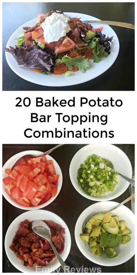 20 Topping Combinations For Your Next Baked Potato Bar | Emily Reviews Potato Bar Ideas Toppings List, Baked Potato Bar Toppings List, Baked Potato Bar Ideas Toppings, Potato Bar Party, Baked Potato Bar Toppings, Potato Bar Toppings, Spicy Ranch Dressing, Vindaloo Curry, Baked Potato Toppings