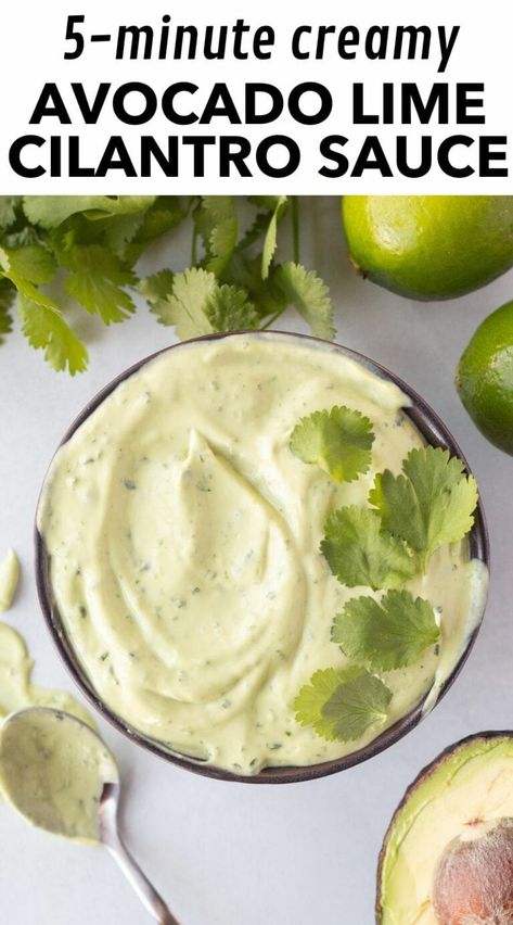 This creamy avocado cilantro lime sauce is easy to make, taking just 5 minutes from start to finish. With only 6 ingredients, it's simple to prepare in a blender or food processor. This versatile sauce doubles as a dipping sauce for chips and veggies or as a topping for fish tacos. Featuring a tangy lime flavor and a hint of cilantro, it adds freshness to any dish. Cilantro Lime Taco Sauce, Avocado Dill Sauce, Avocado Fish Taco Sauce, Cilantro Dipping Sauce Creamy, Cilantro Lime Dipping Sauce, Avocado Sauce For Burgers, Cilantro Lime Avocado Sauce, Cilantro Lime Sauce For Fish Tacos, Lime Crema Sauce For Tacos