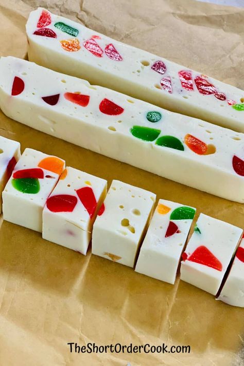 Gumdrop Nougat - The Short Order Cook Homemade Nougat Candy, Fruity Gumdrop Nougat Candy, Italian Nougat Candy, Marshmallow Nougat Recipe, Brachs Jelly Nougat Recipe, Zagnut Candy Recipe, Gumdrop Nougat Candy Recipes, Nut Candy Recipes, Gum Drop Candy Recipe