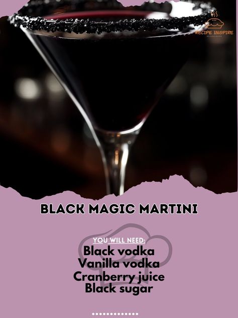 🖤✨ Indulge in the mysterious flavors of the Black Magic Martini! This enchanting cocktail is perfect for your Halloween celebrations! Black Magic Martini Ingredients: Black vodka (2 oz) Vanilla vodka (1 oz) Cranberry juice (1 oz) Black sugar (for rimming) Instructions: Rim a martini glass with black sugar. In a shaker, mix black vodka, vanilla vodka, and cranberry juice with ice. Shake well and strain into the prepared glass. 🌌🍸 Enjoy the Black Magic Martini! This captivating cocktail off... Cocktails Using Vodka, Black Vodka, Black Martini, Cranberry Juice And Vodka, Martini Ingredients, Black Sugar, Vanilla Vodka, Cranberry Juice, Halloween Celebration