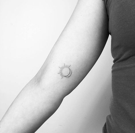 Half Sun Moon Tattoo, Half Moon Sun Tattoo, Half Moon And Sun Tattoo, Sun Moon Minimalist Tattoo, Half Sun And Moon Tattoo, Small Half Sun Tattoo, Other Half Tattoo, Half Sun Half Moon Tattoo, Moon Arm Tattoo