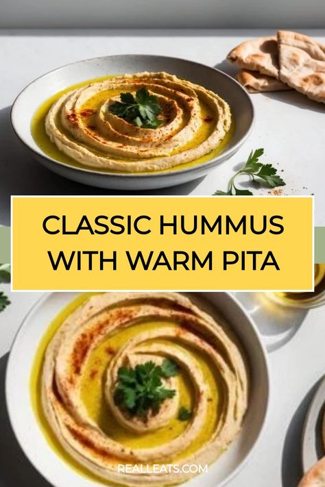 Classic hummus garnished with parsley and paprika, served with warm pita bread. Classic Hummus Recipe, Eastern Recipe, Classic Hummus, Chickpea Hummus, Measuring Ingredients, Homemade Hummus, Bread Serving, Appetizers Recipes, Hummus Recipe