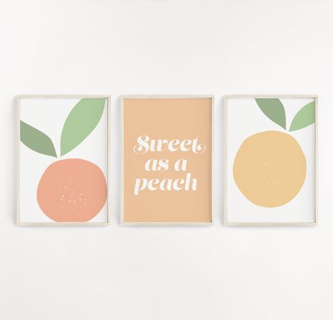 Fruit Nursery, Colorful Nursery Art, Peach Nursery, Sweet As A Peach, Peach Print, Prints Set Of 3, Playroom Wall Art, Girls Nursery, Nursery Colors