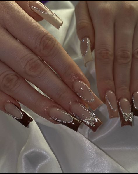 Quinceanera Nails, Brown Acrylic Nails, Brown French, Colored Acrylic Nails, Cute Acrylic Nail Designs, Simple Acrylic Nails, French Acrylic Nails, Acrylic Nails Coffin Pink, Long Square Acrylic Nails