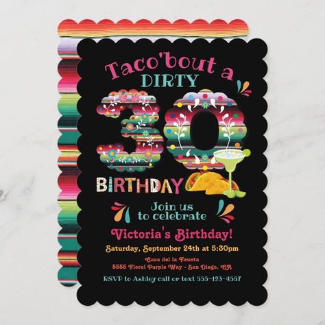 Mexican Fiesta Dirty 30 Papel Picado Birthday Invi Invitation | #fiesta #mexican #mexicanfiestabirthday #birthday #papelpicado #30thbirthday #dirty30 #dirtymargarita #taco'bout #milestone Mexican Theme Invitations, 30th Birthday Fiesta, Dirty 30 Birthday Party, Mexican Theme Party, Birthday Fiesta, Mexican Theme, Mexican Party Theme, 30th Birthday Invitations, Dirty 30