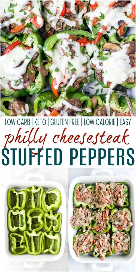 These Easy Philly Cheesesteak Stuffed Peppers are a healthy dinner idea that can easily be meal prepped. Low Carb Keto Stuffed Peppers filled with cheesy steak goodness, they taste just like a philly cheesesteak minus the bread! #stuffed #lowcarbmeals #steakrecipes #ketogenic Keto Philly Cheesesteak Stuffed Peppers, Keto Philly Cheesesteak, Philly Cheesesteak Stuffed Peppers, Cheesesteak Stuffed Peppers, Keto Stuffed Peppers, Carb Foods, Philly Cheesesteak, Health Dinner, Keto Recipes Dinner