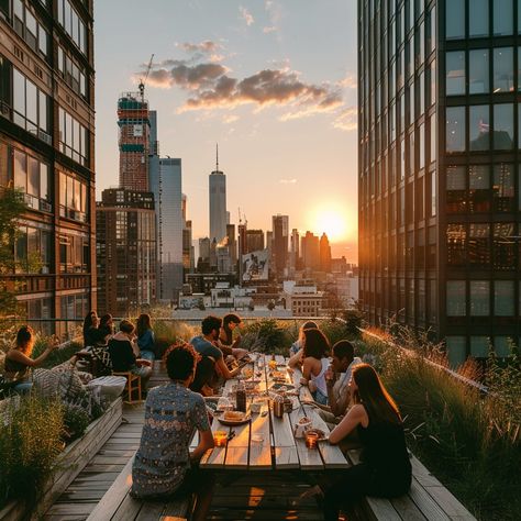 Rooftop Dining Sunset: Friends gather on a rooftop for dinner, enjoying the sunset over the city skyline in summer. #sunset #rooftop #dining #friends #cityscape #aiart #aiphoto #stockcake ⬇️ Download and 📝 Prompt 👉 https://ayr.app/l/2e7W Caviar Brunch, Sunset Photography People, Rooftop Bbq, Rooftop Dinner, Sunset Rooftop, Rooftop City, Art Deco Garden, Stock Photos People, Deco Garden