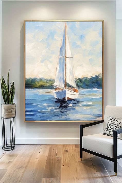 Original handmade painting of a white sailboat on calm blue waters with lush green shoreline Nautical Painting Ideas, Sailboat Painting Acrylic, Painting Sailboats, Abstract Sailboat Painting, Boat Painting Abstract, Boat Painting Acrylic, Sailing Painting, Boat Wall Art, Beach Art Painting