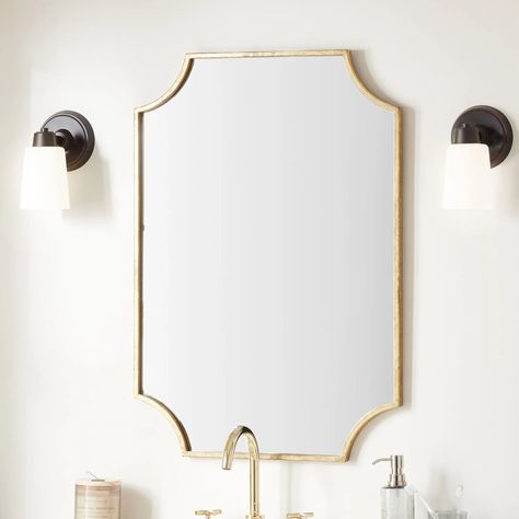 Powder Room Design, Mirror On The Wall, Mirror Shapes, Gold Bathroom, Girls Bathroom, Signature Hardware, Bathroom Vanity Mirror, Mirror Designs, Home Decor Mirrors